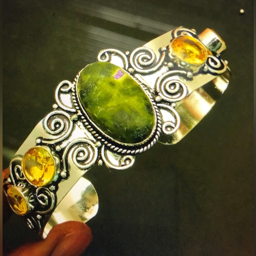 Stichtite Jasper Citrine Stamped 925 Sterling Silver Cuff Bracelet